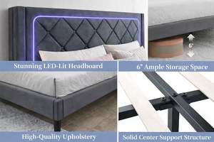 Base de Cama Tapizada con Luces LED, Cabecera Acolchada con Diseño de Diamantes, Mueble de Dormitorio Doble Moderno, Minimalista y Acogedor - Product Image 5