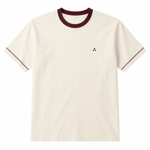 Camiseta de Algodón Crema al por Mayor con Cuello Redondo y Contraste Borgoña, Bordado Minimalista, Ropa Casual Personalizada para Hombre - Product Image 1