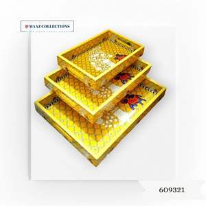 Plateau de service rectangulaire en bois personnalisé en gros avec motif rond décoratif pour la maison et la nourriture en Inde - Product Image 3