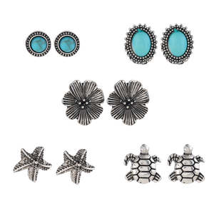 Oxidized Silver and <b>Turquoise</b> Bezel-Set Flower <b>Earrings</b> 5 Pair <b>Studs</b> with Beach-Inspired Design - Product Image 1