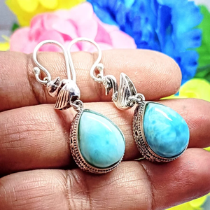 Minimalist Teardrop Larimar Gemstone <b>Earrings</b> Handmade <b>Sterling</b> <b>Silver</b> Dangle Fashion Gift for Her Natural Larimar Stone - Product Image 5