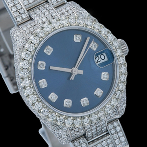 Reloj Analógico de Lujo con Incrustaciones de Diamantes de Moissanita Azul, Resistente al Agua, Movimiento de Cuarzo, Función de Fecha, Estilo Hip Hop, Unisex - Product Image 1