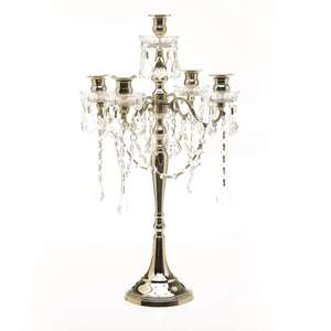 Candélabre enduit de poudre blanche en métal aluminium de meilleure qualité avec guirlandes de cristal suspendues bougeoir de table de mariage - Product Image 4