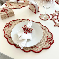 Set de table ovale en jonc de mer tissé à la main avec nœud brodé rouge / Set de table décoratif à bord festonné pour repas et fêtes