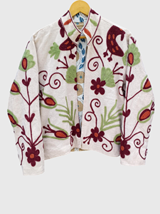 Floral Embroidered Cotton <b>Blazer</b> Mandarin Collar Full Sleeve Women's Spring Style Regular Fit White - Product Image 2