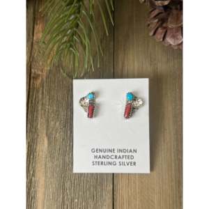Navajo Handcrafted Multi Stone & <b>Sterling</b> <b>Silver</b> <b>Stud</b> <b>Earrings</b> with Bezel <b>Set</b> Jade and Diamond Accents - Product Image 1
