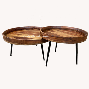 Ensemble de 2 tables basses rondes en bois massif, style mid-century moderne, meubles de salon, pieds en métal, Jangid Art & Crafts - Product Image 5