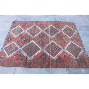 Vintage Turkish Rug, 4.2x5.6 ft Rug, <b>Red</b> Blue Solid <b>Wool</b> Rug - Product Image 4