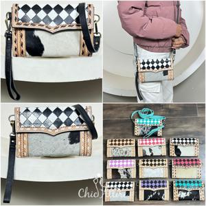 2026 New Designer Purse Black & White Checkered Western Hand Tooled Leather Crossbody Wristlet Clutch <b>Bag</b> Hair-on-Hide Mini <b>Bag</b> - Product Image 1