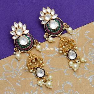 Boucles d'oreilles plaquées or Kundan, cadeaux de fête, pendentifs multicolores, bohème, filles, femmes, mariage, fiançailles, avec perle et diamant - Product Image 2
