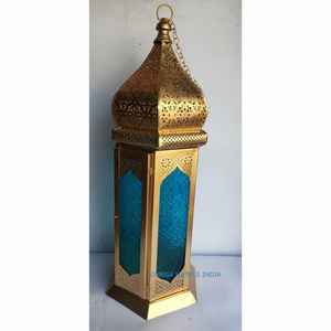 Linterna marroquí de cristal y metal azul elegante de alta calidad con acabado dorado de lujo para la decoración del hogar - Product Image 3