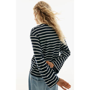 Sweat-shirt à manches longues en coton mélangé rayé pour femme, sweat-shirt sport en jersey tricoté, sweat-shirt à col rond en polaire surdimensionné - Product Image 6