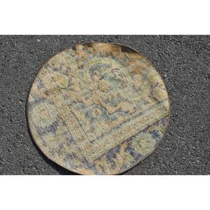 Tapis en laine turque Vintage de 2,3 pieds X 2,3 pieds, technique de tissage plat Design patchwork Beige et bleu pour les décorations de salon des adolescents - Product Image 2