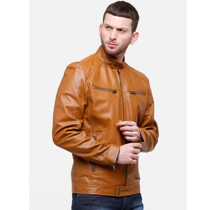 Veste en cuir de mouton véritable à la mode d'hiver pour hommes avec col montant et tissu en toile - Product Image 2