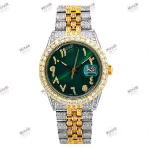 Reloj de diamantes Moissanite TwoTone único, estilo Hip Hop de lujo, números arábigos verdes, esfera de ajuste de diamante completo, reloj de acento dorado - Product Image 3