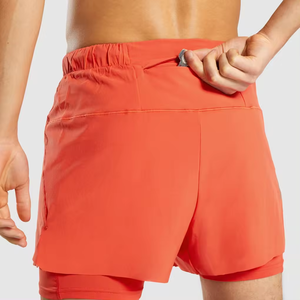 100% Cotton Orange Solid Color Double <b>Layer</b> Accept Logo Printing Summer Outdoor Gym Jogging Men Gym Shorts With Pockets - Product Image 5