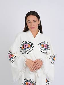 Nueva túnica blanca bordada, ropa de mujer hecha a mano, mal de ojo, manga larga, albornoz colorido, cárdigan, Kimono de Festival bohemio para mujer - Product Image 2