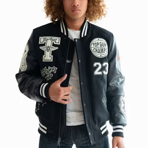 Veste universitaire pour homme sur mesure, fabrication OEM, veste de baseball chaude d'hiver, bomber, manches en cuir, logo en chenille. - Product Image 5