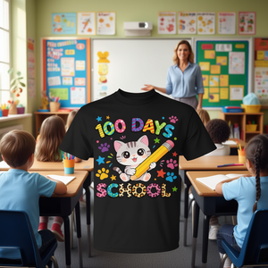 Maglietta Promozionale Personalizzabile per Ragazze e Ragazzi '100 Giorni di Scuola' con Design Gattino Carino per Studenti - Product Image 3
