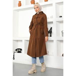 Gabardina con Capucha para Mujer, con Relleno de Algodón, Tejido de Punto Largo, Cierre de Cremallera y Decoración de Botones, para la Temporada de Otoño - Product Image 1