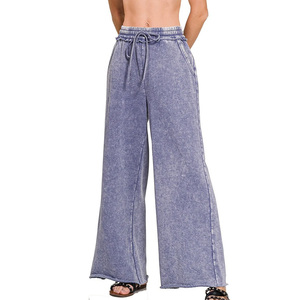 Vente flash Pantalon palazzo en coton 100% délavé à l'acide Pantalon large unisexe à pattes évasées Pantalon de survêtement délavé à la pierre de style streetwear - Product Image 2