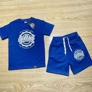 Ensemble de survêtement bleu pour garçons, t-shirt imprimé et short, vêtements de sport décontractés d'été, tenue en coton en deux pièces - Product Image 1