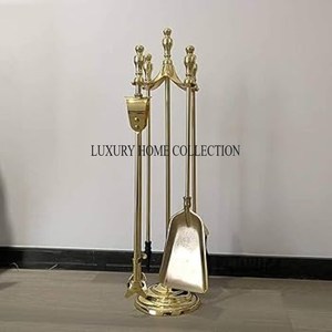 Heavy-duty golden steel <b>fire</b> pit <b>tool</b> kit with extra-long handles for safety and effective firewood arrangement outdoors - Product Image 6