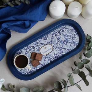 160x350mm élégant plateau rectangulaire en métal motif décoratif bleu et blanc inspiré de l'azulejo pour servir en étain nacré - Product Image 2