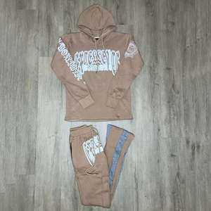 Streetwear empilé à capuche unisexe personnalisé survêtement survêtement deux pièces survêtement pantalon évasé Baggy ensemble 100% coton - Product Image 1