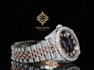 Montre analogique mécanique de luxe bicolore avec diamants Moissanite VVS, bracelet en acier inoxydable, chiffres romains, fonction date, style Hip-Hop - Product Image 4