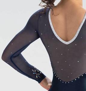 Vente en gros d'unitard col en V à manches longues à col montant pour femmes jupe en maille avec strass pour performance sur scène - Product Image 3