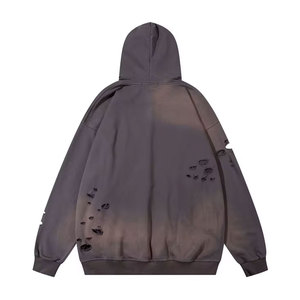 Sweat à Capuche Surdimensionné Distressed Retro Streetwear Design de Trou Personnalisé Usine Entière - Product Image 3