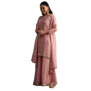 Onion Pink Embroidered <b>Kurti</b> Palazzo Set With Dupatta Wholesale <b>Women</b> Ethnic Apparel OEM Factory Supplier Custom Ethnic Apparel - Product Image 3