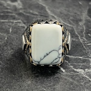 Anillo Vintage para Hombre de Plata de Ley 925 con Engaste de Bisel y Piedra Preciosa de Ágata Blanca Natural, Joyería Fina de Piedra de Ágata Blanca - Product Image 2