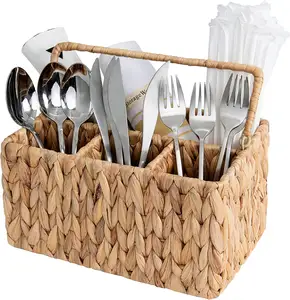 Wicker Flatware Organizer, Hand Woven Water Hyacinth Cutlery Holder for Countertop with Handle