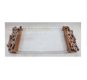 Plateau de service en bois d'acacia avec incrustation de nacre, style arabe, cadeau de Ramadan et de l'Aïd, artisanat de qualité, certifié EPCH, contenant en acrylique - Product Image 3