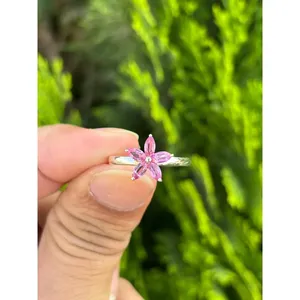Bague florale en saphir rose, argent sterling 925, bague en pierres précieuses à fleurs faite à la main, fournisseur de bijoux en gros - Product Image 1