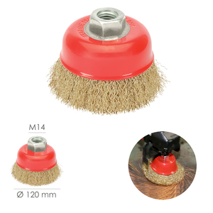 Spazzola a tazza in acciaio placcato ottone, diametro 120 mm. Filettatura M14 / diametro filo 0,30 mm. - Product Image 2