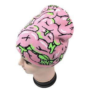Y2K sans manchette tricots fabricant adulte drôle Latex exposé cerveau Jacquard motif tricot bonnet chaud hiver chapeaux sans manchette - Product Image 3
