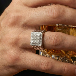 Solid 18k White Gold Heavy Chunky Square Top Halo Pave Pebbled Link Natural Diamond Mens Ring Custom Bespoke Jewelry Wholesale - Product Image 3