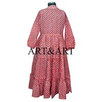 Robe mi-longue décontractée pour femme en coton indien imprimé au bloc, coupe régulière, éco-responsable, faite à la main, à manches longues, motif floral, pour l'été, naturelle