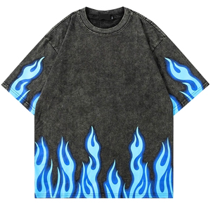 T-shirt en coton anti-rétrécissement délavé à l'acide 300Gsm pour homme 100% sérigraphié avec motif flamme épaules tombantes coupe surdimensionnée" - Product Image 1
