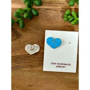 Karen Lalio Turquoise & Sterling <b>Silver</b> Inlay Heart <b>Stud</b> Earrings with Diamond and Pearl Religious Style Number Pattern - Product Image 5