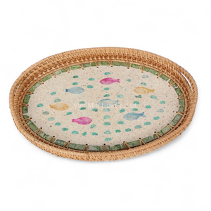 Plateau de service moderne bohème en rotin fait à la main avec nacre, design flexible, pour le service de nourriture au restaurant et l'utilisation à la maison - Product Image 2