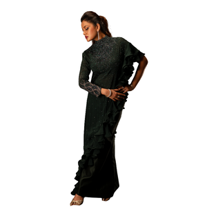 Green Asymmetrical Ruffle Gown Two Piece Women Evening Party <b>Dress</b> for Best Price - Product Image 5