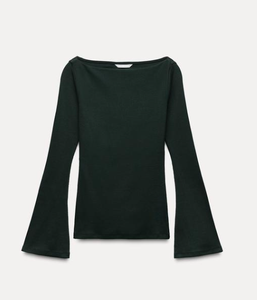 T-shirt en tricot de coton mélangé coupe ajustée col bateau manches longues avec poignets évasés pour femmes mode luxe pour femmes - Product Image 1