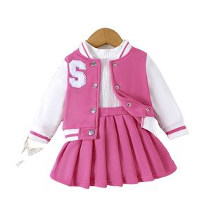 Ensemble deux pièces pour filles printemps automne rose veste de baseball à manches longues et motif solide 100% polyester demi-corps jupe courte - Product Image 1