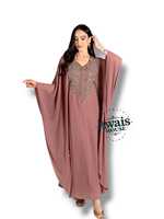 AWAIS HOUSE Robe longue de soirée élégante et modeste pour femme, coupe trapèze, en mousseline 100% polyester, col en V, ornée de perles, style kaftan simple