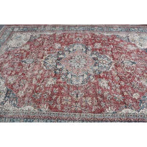 Vintage 7.1x10.4 ft Rug, Turkish Rug, <b>Red</b> Abstract Rug <b>Wool</b> - Product Image 4