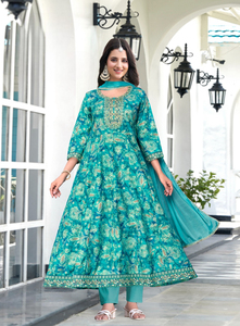 Ensemble Anarkali (Salwar Kameez) en Coton Léger pour Adultes, Style Moderne, Broderie en Coton Lourd Imprimé à la Feuille, Séchage Rapide, Toutes Tailles - Product Image 4